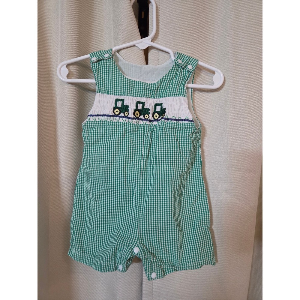 Handmade Baby Boys Green Gingham Smocked Embroidered Tractor Shortall Romper